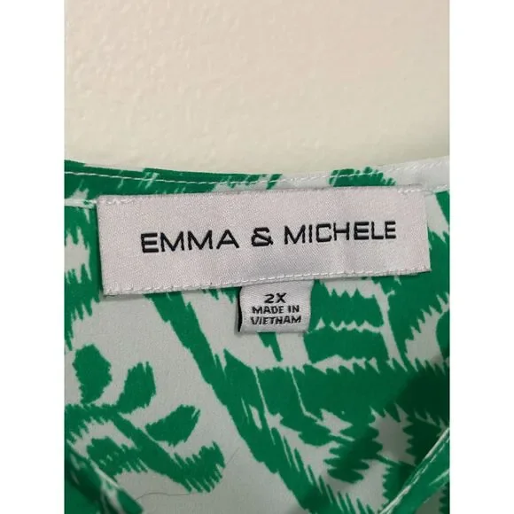 Emma & Michele 2X Green White Ikat Paisley Boho Peasant Dress Preppy Coastal - Picture 2 of 8